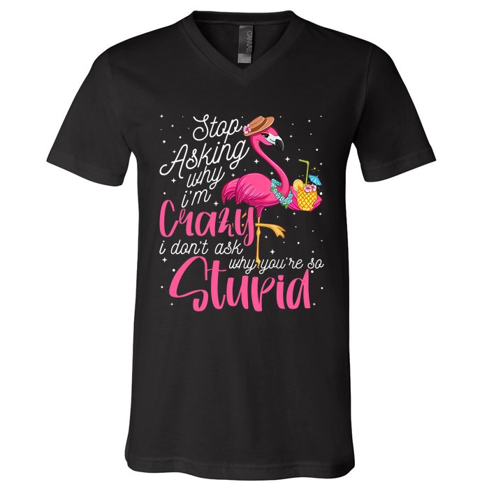 Stop Asking Why I'm Crazy Flamingo Stupid Pink Funny Wo V-Neck T-Shirt