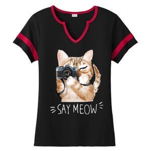 Say Meow Cute Cat Picture Ladies Halftime Notch Neck Tee