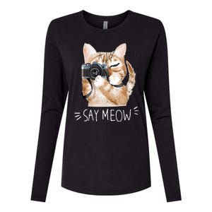 Say Meow Cute Cat Picture Womens Cotton Relaxed Long Sleeve T-Shirt