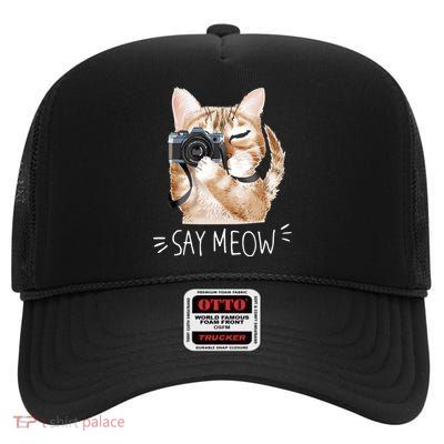 Say Meow Cute Cat Picture High Crown Mesh Back Trucker Hat