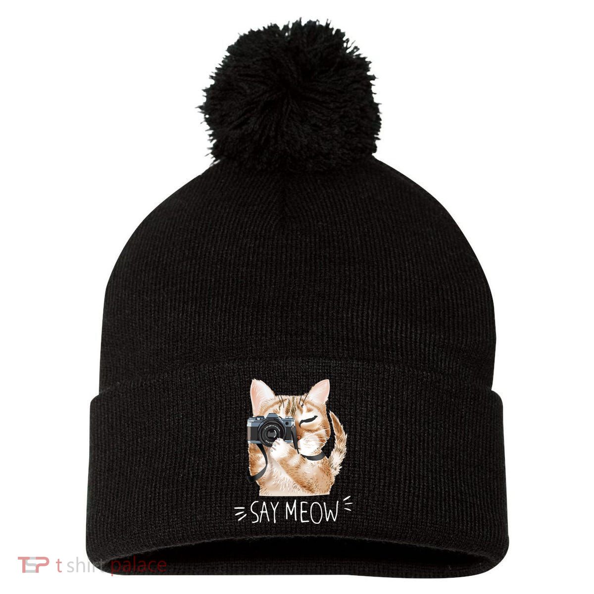 Say Meow Cute Cat Picture Pom Pom 12in Knit Beanie