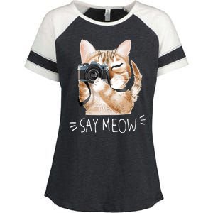 Say Meow Cute Cat Picture Enza Ladies Jersey Colorblock Tee