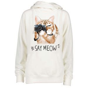 Say Meow Cute Cat Picture Womens Funnel Neck Pullover Hood