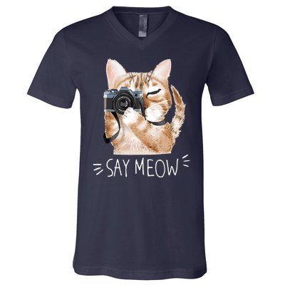 Say Meow Cute Cat Picture V-Neck T-Shirt