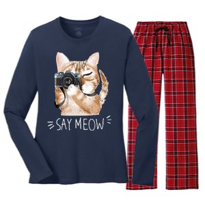 Say Meow Cute Cat Picture Women's Long Sleeve Flannel Pajama Set 