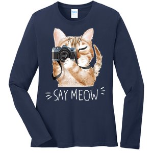 Say Meow Cute Cat Picture Ladies Long Sleeve Shirt