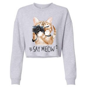 Say Meow Cute Cat Picture Cropped Pullover Crew