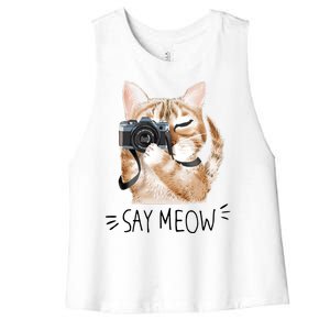 Say Meow Cute Cat Picture Women's Racerback Cropped Tank