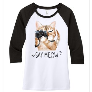 Say Meow Cute Cat Picture Women's Tri-Blend 3/4-Sleeve Raglan Shirt