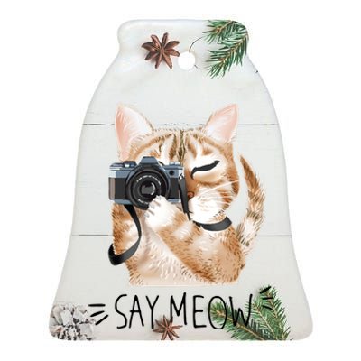 Say Meow Cute Cat Picture Ceramic Bell Ornament