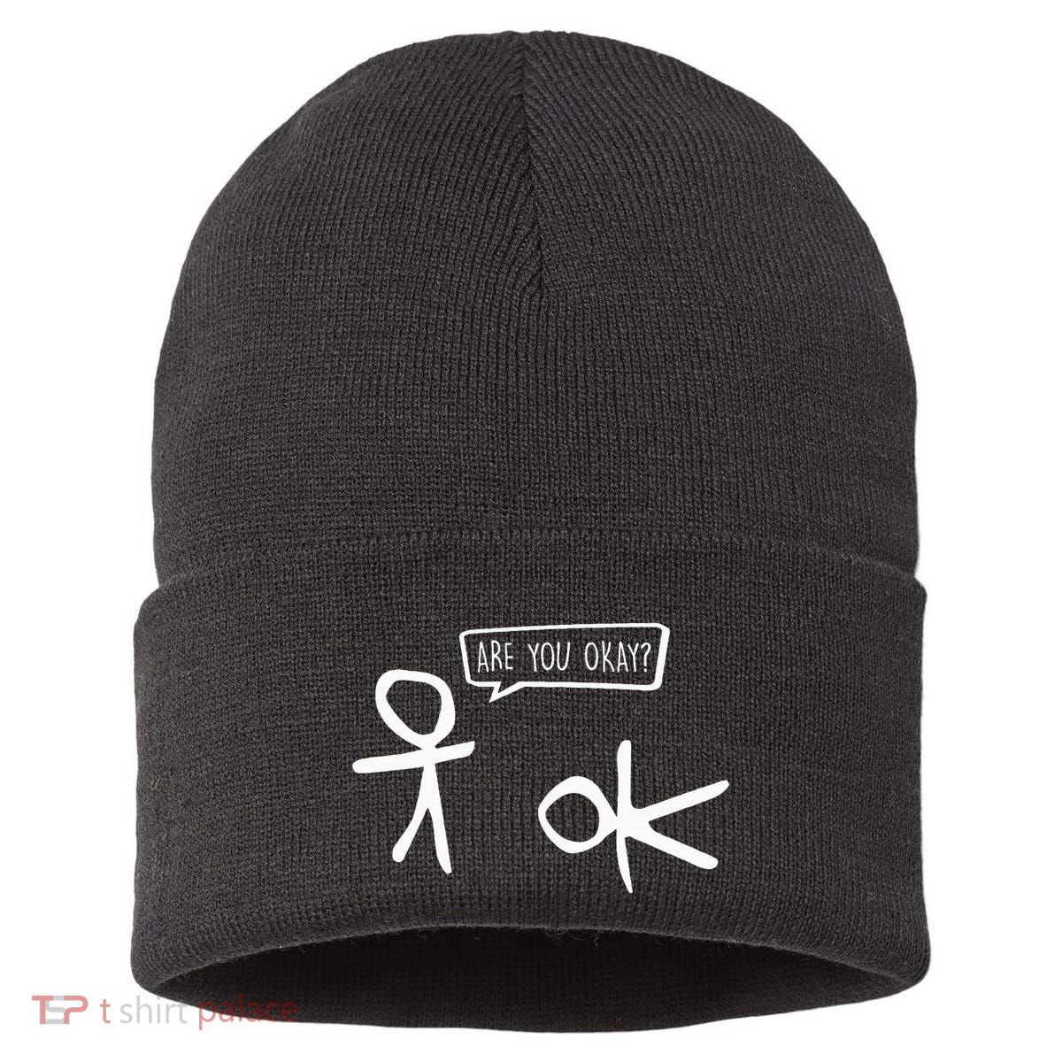Stickman Are You Ok Cartoon Be Kind Good Help Support Sustainable Knit Beanie