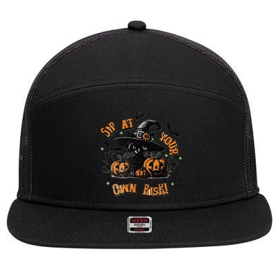 Sit At Your Own Risk Spooky Black Cat Witch 7 Panel Mesh Trucker Snapback Hat