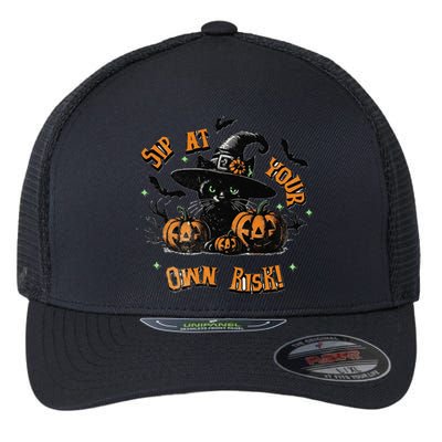 Sit At Your Own Risk Spooky Black Cat Witch Flexfit Unipanel Trucker Cap