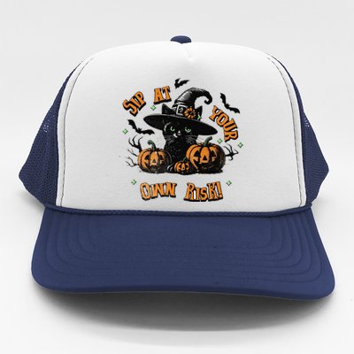 Sit At Your Own Risk Spooky Black Cat Witch Trucker Hat