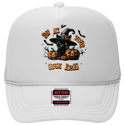 Sit At Your Own Risk Spooky Black Cat Witch High Crown Mesh Back Trucker Hat