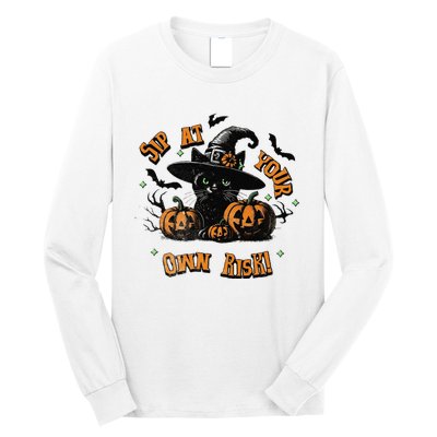 Sit At Your Own Risk Spooky Black Cat Witch Long Sleeve Shirt