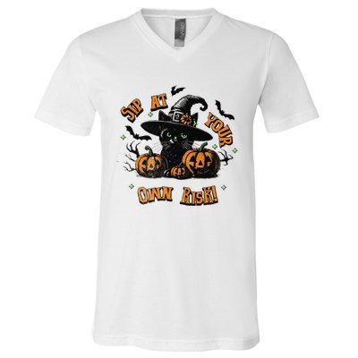 Sit At Your Own Risk Spooky Black Cat Witch V-Neck T-Shirt