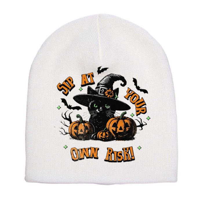 Sit At Your Own Risk Spooky Black Cat Witch Short Acrylic Beanie