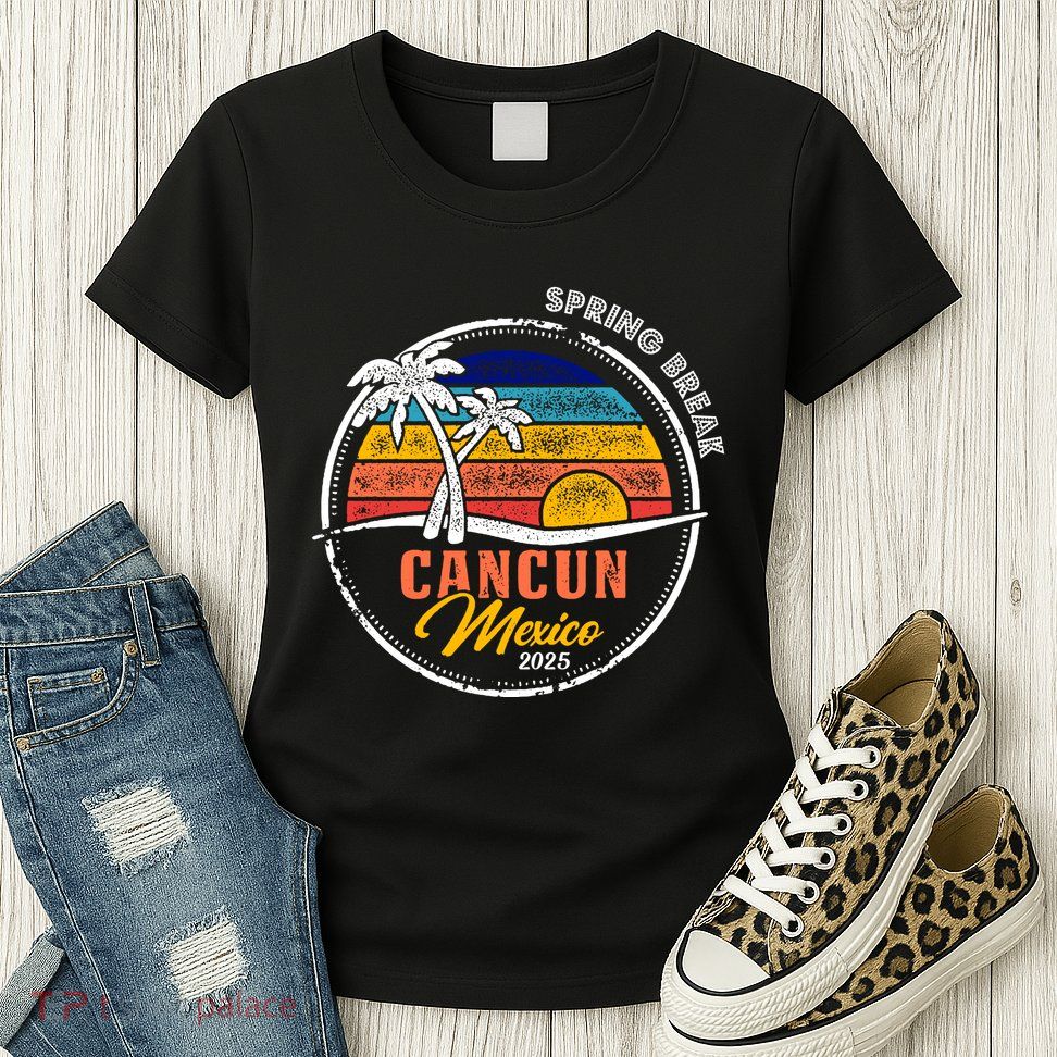 Spring Break 2025 Cancun Retro Sunset Womens T-Shirt