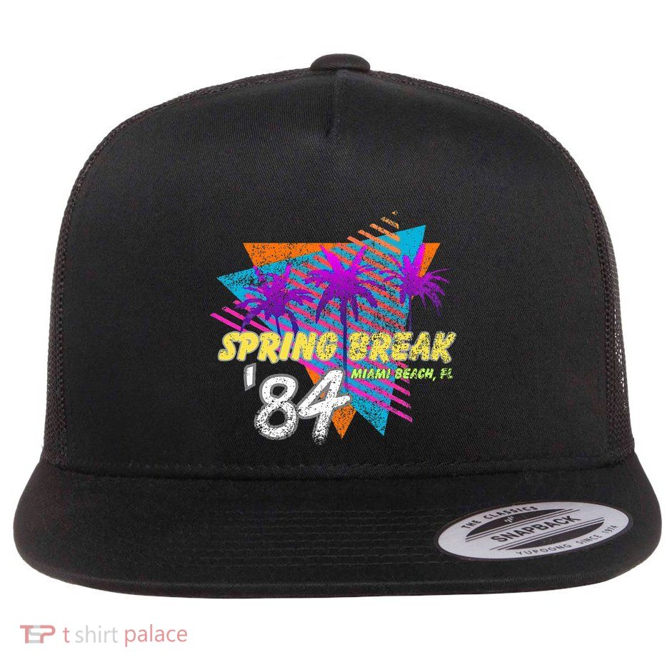 Spring Break 84 Miami Beach 80s Party Wear Flat Bill Trucker Hat