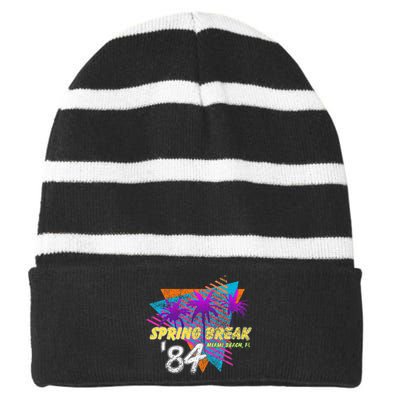 Spring Break 84 Miami Beach 80s Party Wear Striped Beanie with Solid Band