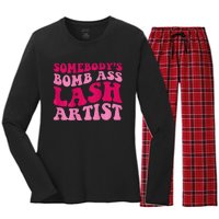 Somebodys Bomb Ass Lash Artist Funny Lash Tech Funny Groovy Women's Long Sleeve Flannel Pajama Set 