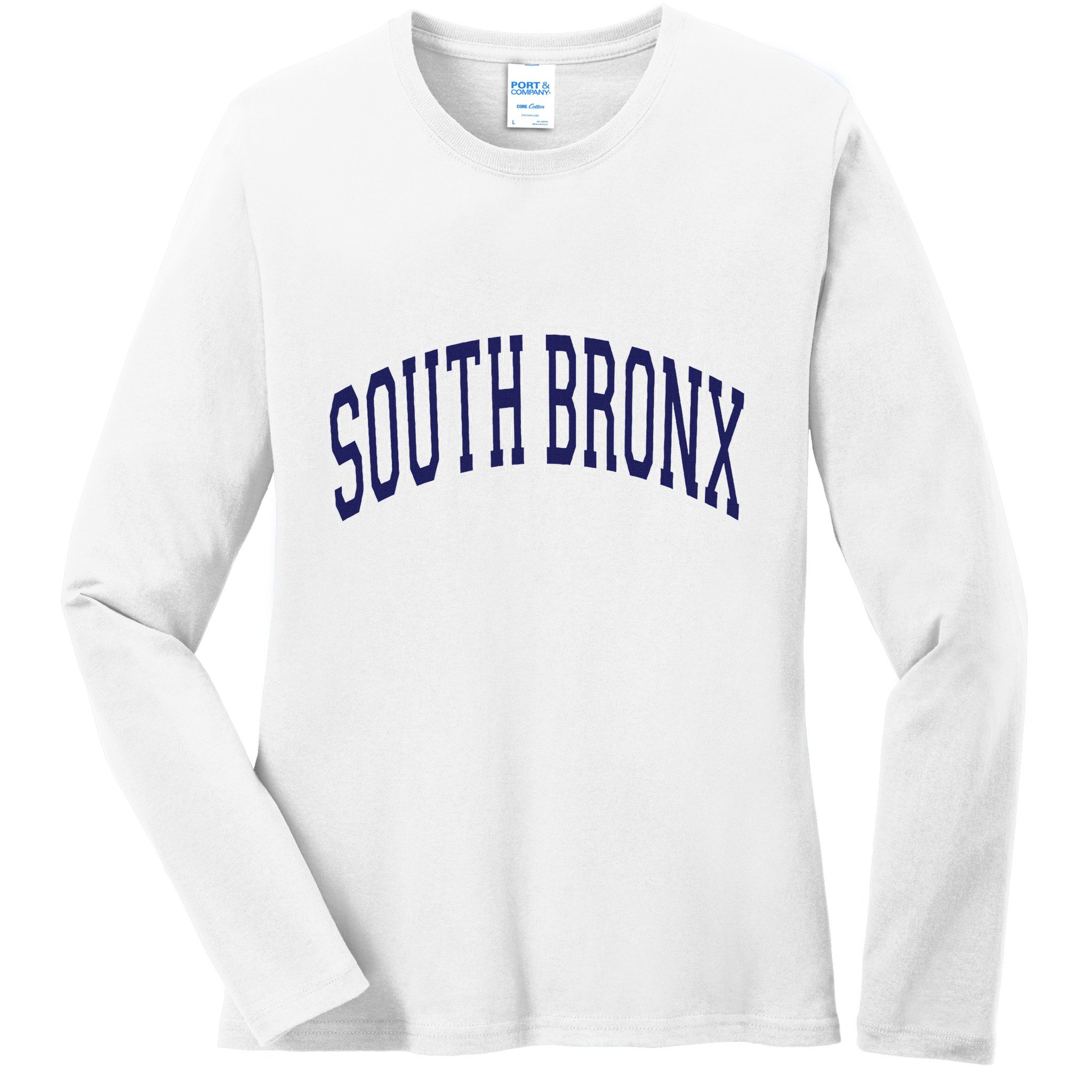 South Bronx Arched Dark Blue Text Ladies Long Sleeve Shirt