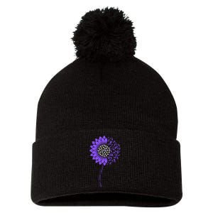 Spina Bifida Awareness Month Sunflower Purple Pom Pom 12in Knit Beanie