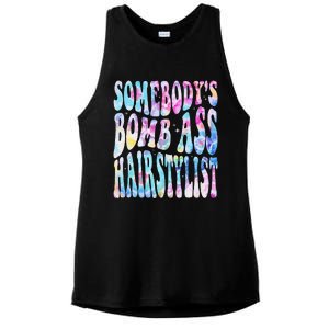 SomebodyS Bomb Ass Hairstylist Groovy Hair Stylist Tie Dye Ladies PosiCharge Tri-Blend Wicking Tank