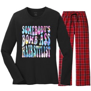 SomebodyS Bomb Ass Hairstylist Groovy Hair Stylist Tie Dye Women's Long Sleeve Flannel Pajama Set 