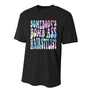 SomebodyS Bomb Ass Hairstylist Groovy Hair Stylist Tie Dye Youth Performance Sprint T-Shirt