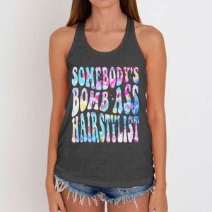 SomebodyS Bomb Ass Hairstylist Groovy Hair Stylist Tie Dye Women's Knotted Racerback Tank