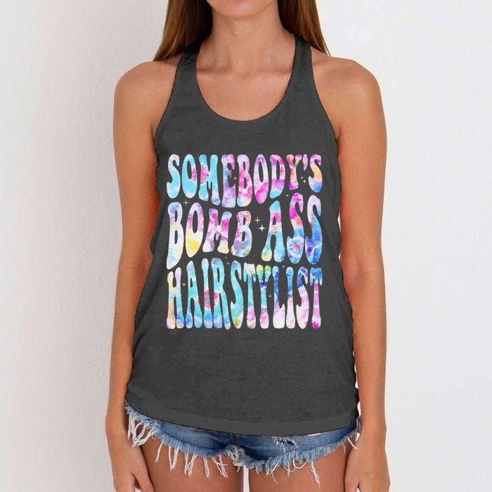 SomebodyS Bomb Ass Hairstylist Groovy Hair Stylist Tie Dye Women's Knotted Racerback Tank