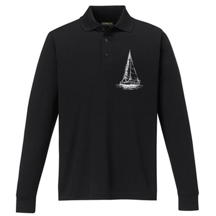 Sailor Boating Anchor Simple Line Drawing Sailboat Sailing Performance Long Sleeve Polo