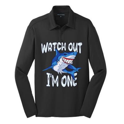 Shark Birthday Awesome 1 Year Old Watch Out I'm 1 Silk Touch Performance Long Sleeve Polo