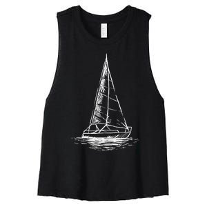 Sailor Boating Anchor Simple Line Drawing Sailboat Sailing Women's Racerback Cropped Tank