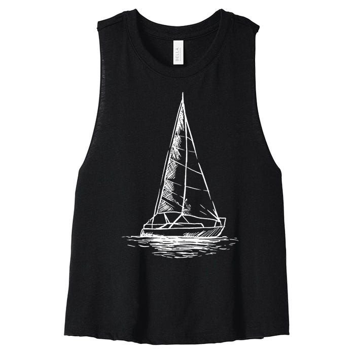 Sailor Boating Anchor Simple Line Drawing Sailboat Sailing Women's Racerback Cropped Tank