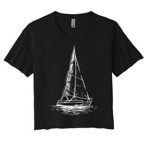 Sailor Boating Anchor Simple Line Drawing Sailboat Sailing Women's Crop Top Tee