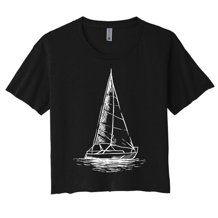 Sailor Boating Anchor Simple Line Drawing Sailboat Sailing Women's Crop Top Tee