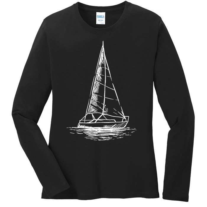 Sailor Boating Anchor Simple Line Drawing Sailboat Sailing Ladies Long Sleeve Shirt