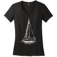 Sailor Boating Anchor Simple Line Drawing Sailboat Sailing Women's V-Neck T-Shirt