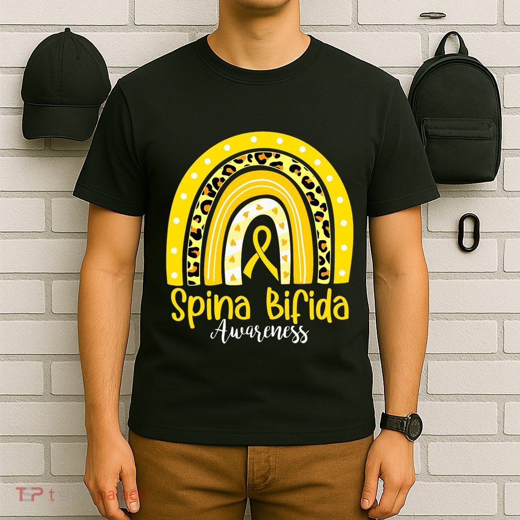 Spina Bifida Awareness Yellow Ribbon Leopard Rainbow T-Shirt