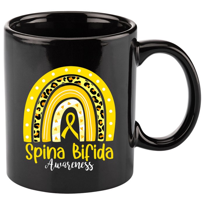 Spina Bifida Awareness Yellow Ribbon Leopard Rainbow 11oz C Handle Ceramic Mug