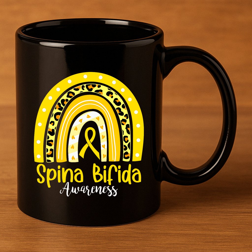 Spina Bifida Awareness Yellow Ribbon Leopard Rainbow 11oz C Handle Ceramic Mug
