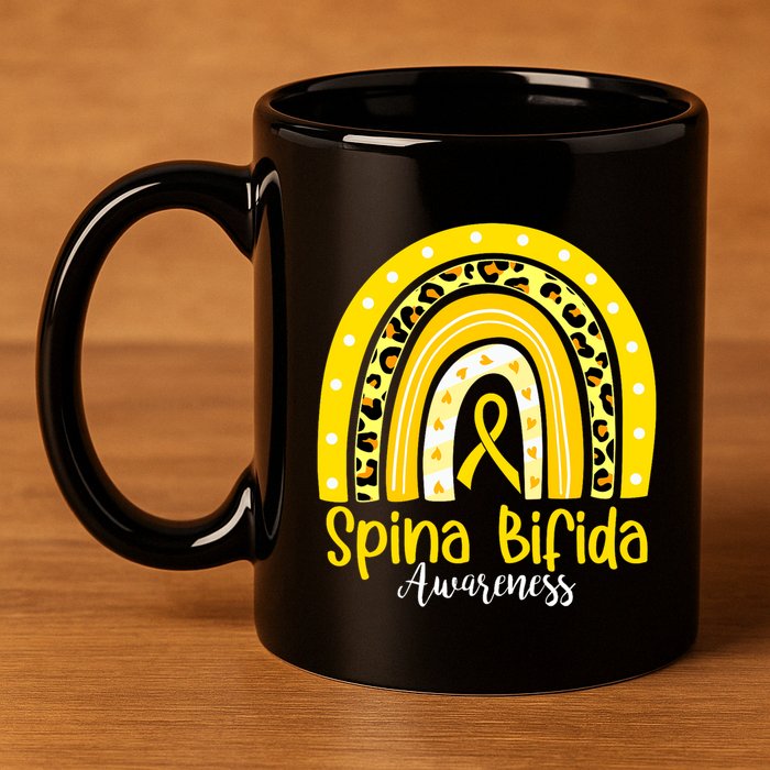 Spina Bifida Awareness Yellow Ribbon Leopard Rainbow 11oz C Handle Ceramic Mug