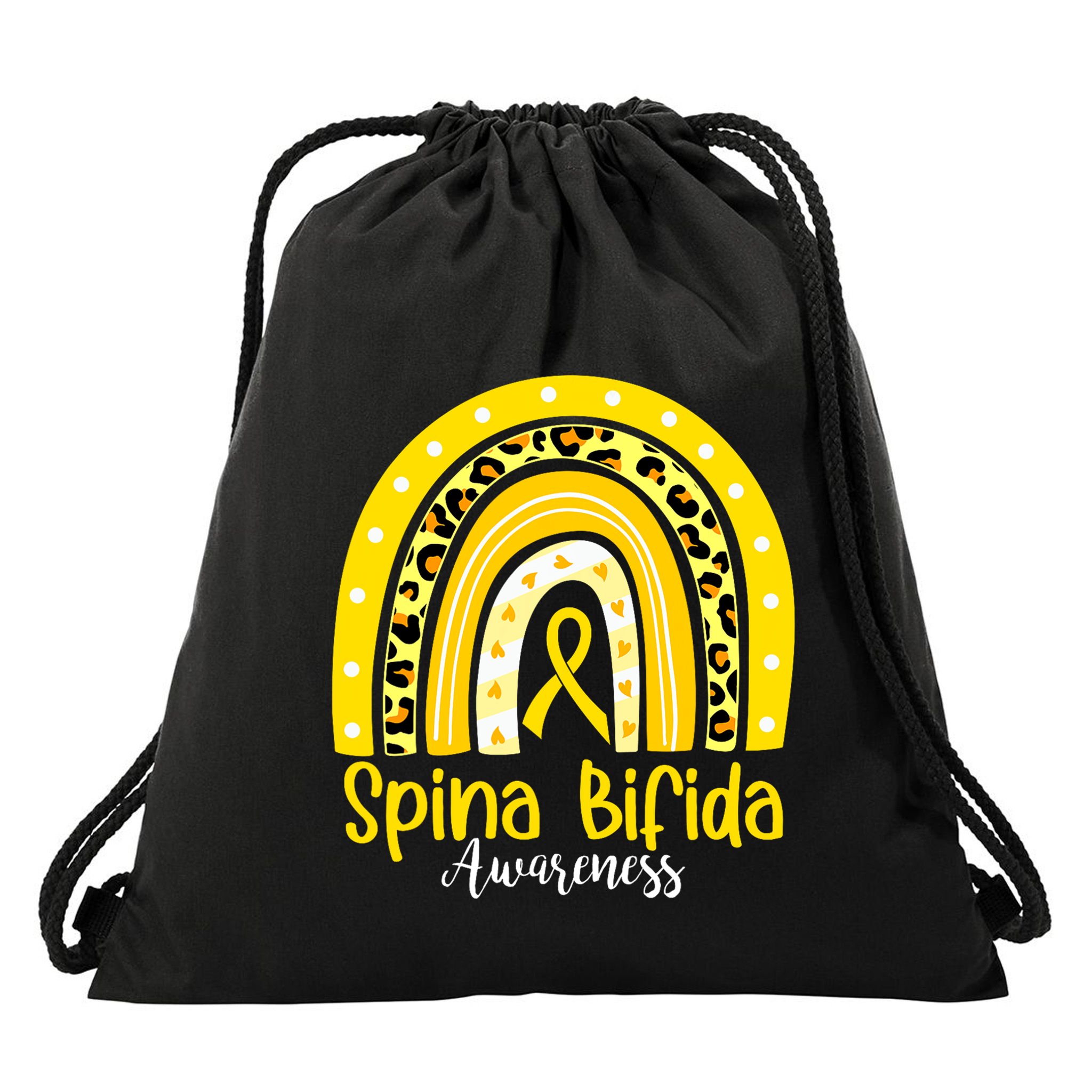 Spina Bifida Awareness Yellow Ribbon Leopard Rainbow Drawstring Bag