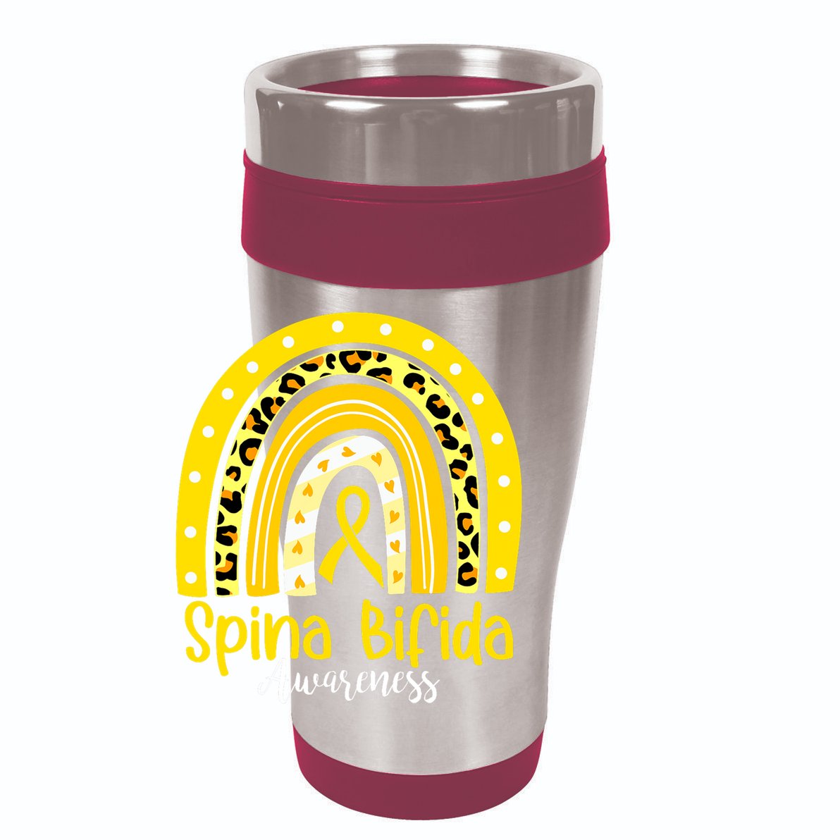 Spina Bifida Awareness Yellow Ribbon Leopard Rainbow 12oz Stainless Steel Coffee Mug