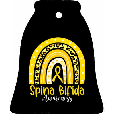 Spina Bifida Awareness Yellow Ribbon Leopard Rainbow Ceramic Bell Ornament