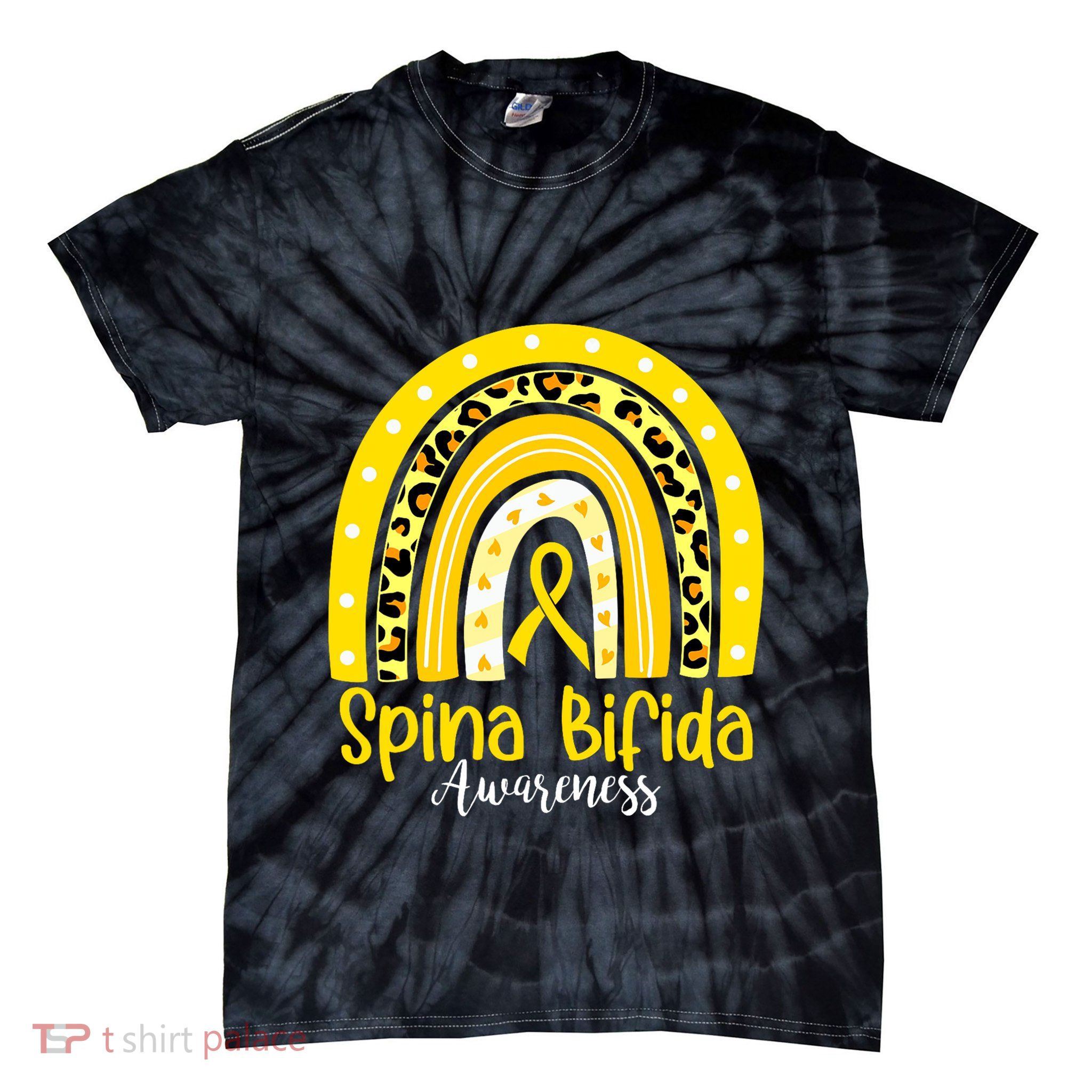 Spina Bifida Awareness Yellow Ribbon Leopard Rainbow Tie-Dye T-Shirt