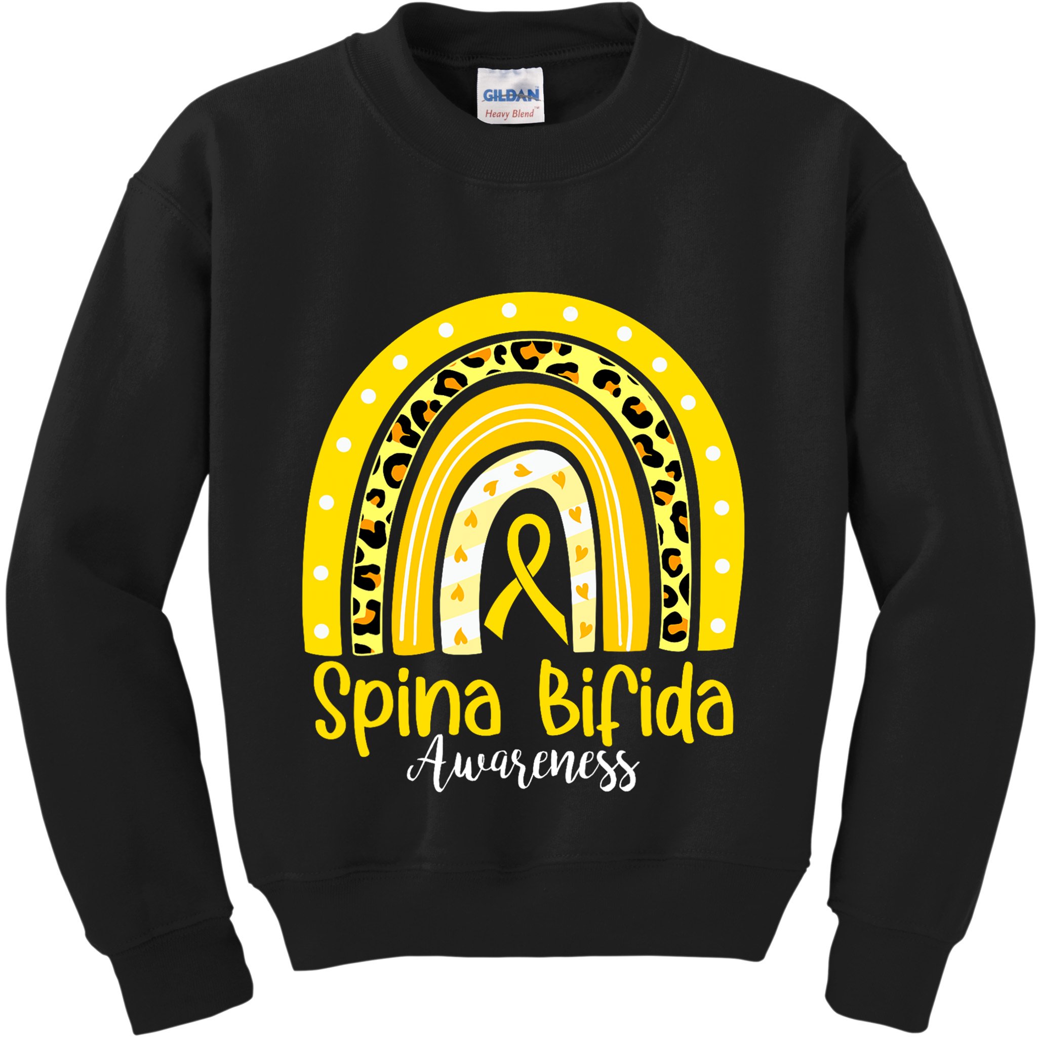 Spina Bifida Awareness Yellow Ribbon Leopard Rainbow Kids Sweatshirt
